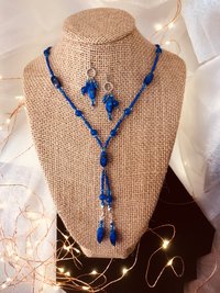 Beaded Lariat Necklace & Earring Set in Beautiful Glass Indigo with Hints of Red Twisted Beads, Faceted Glass, Stainless Steel Ear Wires