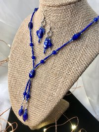 Beaded Lariat Necklace & Earring Set in Beautiful Glass Indigo with Hints of Red Twisted Beads, Faceted Glass, Stainless Steel Ear Wires