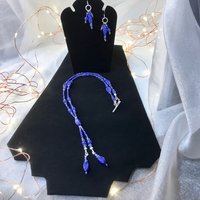 Beaded Lariat Necklace & Earring Set in Beautiful Glass Indigo with Hints of Red Twisted Beads, Faceted Glass, Stainless Steel Ear Wires