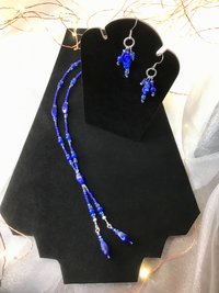 Beaded Lariat Necklace & Earring Set in Beautiful Glass Indigo with Hints of Red Twisted Beads, Faceted Glass, Stainless Steel Ear Wires