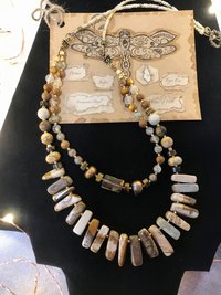 Naturally Beautiful Picture Jasper and Tiger Eye Handcrafted Multi Strand Necklace with Agate, Pearl, Pressed and Vintage Glass Beads.