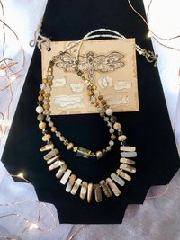 Naturally Beautiful Picture Jasper and Tiger Eye Handcrafted Multi Strand Necklace with Agate, Pearl, Pressed and Vintage Glass Beads.