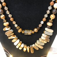 Naturally Beautiful Picture Jasper and Tiger Eye Handcrafted Multi Strand Necklace with Agate, Pearl, Pressed and Vintage Glass Beads.