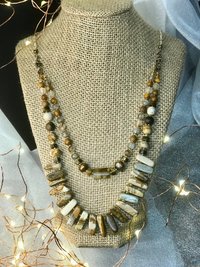 Naturally Beautiful Picture Jasper and Tiger Eye Handcrafted Multi Strand Necklace with Agate, Pearl, Pressed and Vintage Glass Beads.