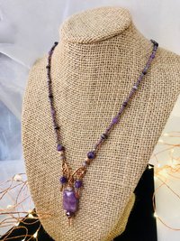 Amethyst and Copper Handcrafted Beaded Triple Dangle Necklace with Gorgeous Purple Cats Eye, Seed Beads and Beautiful Copper Findings