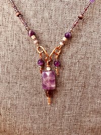 Amethyst and Copper Handcrafted Beaded Triple Dangle Necklace with Gorgeous Purple Cats Eye, Seed Beads and Beautiful Copper Findings