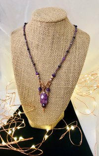 Amethyst and Copper Handcrafted Beaded Triple Dangle Necklace with Gorgeous Purple Cats Eye, Seed Beads and Beautiful Copper Findings