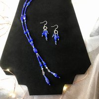 Beaded Lariat Necklace & Earring Set in Beautiful Glass Indigo with Hints of Red Twisted Beads, Faceted Glass, Stainless Steel Ear Wires