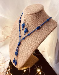 Beaded Lariat Necklace & Earring Set in Beautiful Glass Indigo with Hints of Red Twisted Beads, Faceted Glass, Stainless Steel Ear Wires