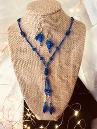 Beaded Lariat Necklace & Earring Set in Beautiful Glass Indigo with Hints of Red Twisted Beads, Faceted Glass, Stainless Steel Ear Wires