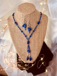 Beaded Lariat Necklace & Earring Set in Beautiful Glass Indigo with Hints of Red Twisted Beads, Faceted Glass, Stainless Steel Ear Wires