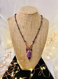 Amethyst and Copper Handcrafted Beaded Triple Dangle Necklace with Gorgeous Purple Cats Eye, Seed Beads and Beautiful Copper Findings