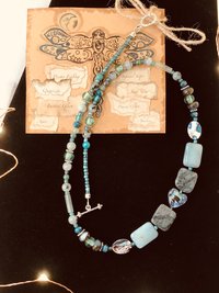 Abalone Heart and Stone Beaded Handcrafted Necklace in Beautiful Green Shades featuring Abalone, Green Jasper, Impression Jasper, Agate
