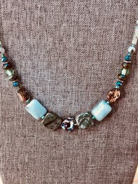 Abalone Heart and Stone Beaded Handcrafted Necklace in Beautiful Green Shades featuring Abalone, Green Jasper, Impression Jasper, Agate