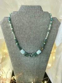 Abalone Heart and Stone Beaded Handcrafted Necklace in Beautiful Green Shades featuring Abalone, Green Jasper, Impression Jasper, Agate