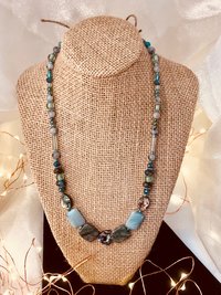 Abalone Heart and Stone Beaded Handcrafted Necklace in Beautiful Green Shades featuring Abalone, Green Jasper, Impression Jasper, Agate