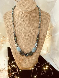Abalone Heart and Stone Beaded Handcrafted Necklace in Beautiful Green Shades featuring Abalone, Green Jasper, Impression Jasper, Agate