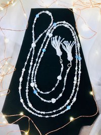 Lovely White and Iridescent Handmade Beaded Lariat Rope Multi-Style Tassel Necklace with Mother of Pearl Heart, Moonstone, Faceted Crystal