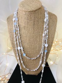 Lovely White and Iridescent Handmade Beaded Lariat Rope Multi-Style Tassel Necklace with Mother of Pearl Heart, Moonstone, Faceted Crystal