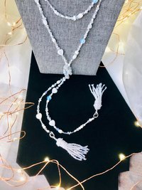 Lovely White and Iridescent Handmade Beaded Lariat Rope Multi-Style Tassel Necklace with Mother of Pearl Heart, Moonstone, Faceted Crystal