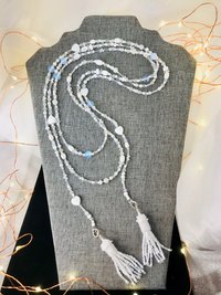 Lovely White and Iridescent Handmade Beaded Lariat Rope Multi-Style Tassel Necklace with Mother of Pearl Heart, Moonstone, Faceted Crystal