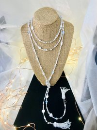 Lovely White and Iridescent Handmade Beaded Lariat Rope Multi-Style Tassel Necklace with Mother of Pearl Heart, Moonstone, Faceted Crystal