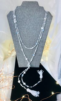 Lovely White and Iridescent Handmade Beaded Lariat Rope Multi-Style Tassel Necklace with Mother of Pearl Heart, Moonstone, Faceted Crystal