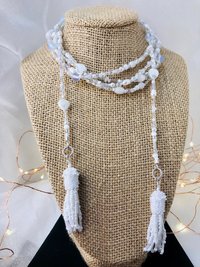 Lovely White and Iridescent Handmade Beaded Lariat Rope Multi-Style Tassel Necklace with Mother of Pearl Heart, Moonstone, Faceted Crystal