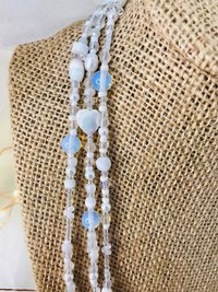 Lovely White and Iridescent Handmade Beaded Lariat Rope Multi-Style Tassel Necklace with Mother of Pearl Heart, Moonstone, Faceted Crystal