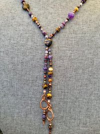 Handmade Lariat Beaded Necklace and Earring Set, Tiger's Eye and Purple Amethyst, Beautiful BoHo Gift of Semi-Precious Stone and Crystal