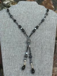 Gunmetal Crystal Hematite Black and Gray Art Deco Elegant Fun Unique Lariat Style Handcrafted Beaded Necklace