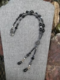 Gunmetal Crystal Hematite Black and Gray Art Deco Elegant Fun Unique Lariat Style Handcrafted Beaded Necklace