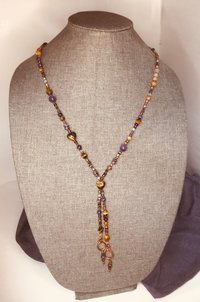 Handmade Lariat Beaded Necklace and Earring Set, Tiger's Eye and Purple Amethyst, Beautiful BoHo Gift of Semi-Precious Stone and Crystal