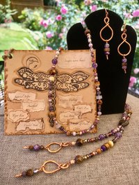 Handmade Lariat Beaded Necklace and Earring Set, Tiger's Eye and Purple Amethyst, Beautiful BoHo Gift of Semi-Precious Stone and Crystal