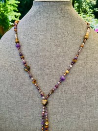 Handmade Lariat Beaded Necklace and Earring Set, Tiger's Eye and Purple Amethyst, Beautiful BoHo Gift of Semi-Precious Stone and Crystal