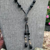 Gunmetal Crystal Hematite Black and Gray Art Deco Elegant Fun Unique Lariat Style Handcrafted Beaded Necklace