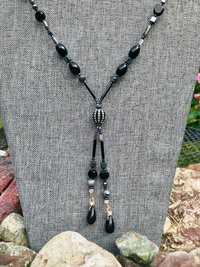 Gunmetal Crystal Hematite Black and Gray Art Deco Elegant Fun Unique Lariat Style Handcrafted Beaded Necklace