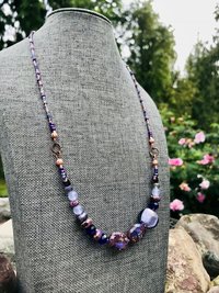Handcrafted Purple Beaded Necklace of Gorgeous Jasper, Lustrous Blown Glass, Faceted Glass, Gleaming Copper Highlights Unique Jewelry Gift