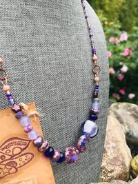 Handcrafted Purple Beaded Necklace of Gorgeous Jasper, Lustrous Blown Glass, Faceted Glass, Gleaming Copper Highlights Unique Jewelry Gift