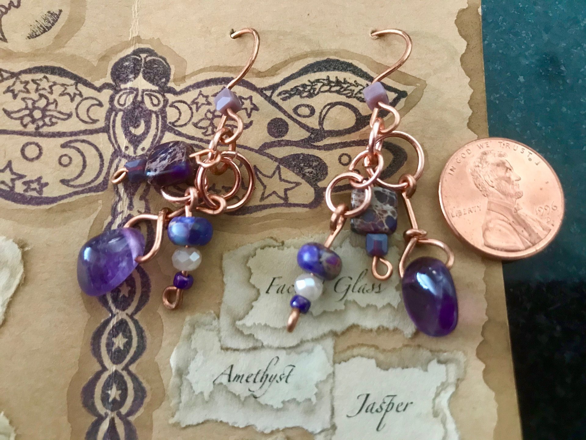 Amethyst, Jasper, Copper, Semi-precious stone, Purple, Handcrafted, French Wire, February Birthstone, Gift, Faceted Glass, Handmade, Bead
