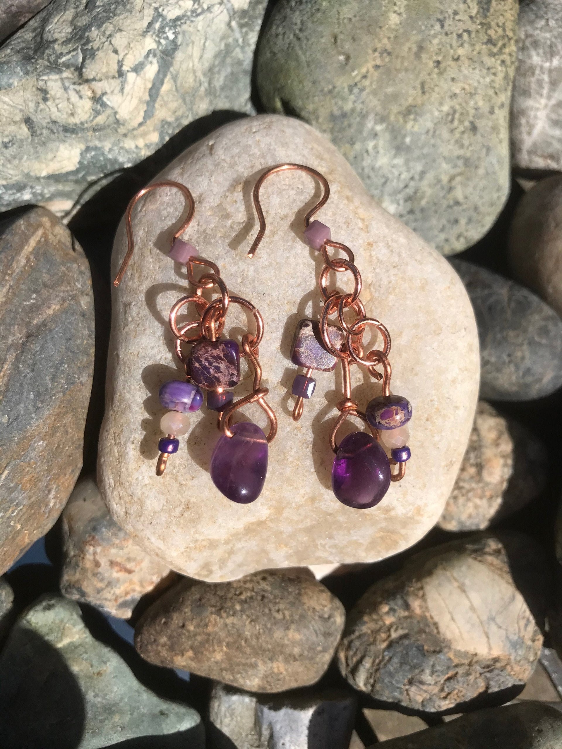 Amethyst, Jasper, Copper, Semi-precious stone, Purple, Handcrafted, French Wire, February Birthstone, Gift, Faceted Glass, Handmade, Bead