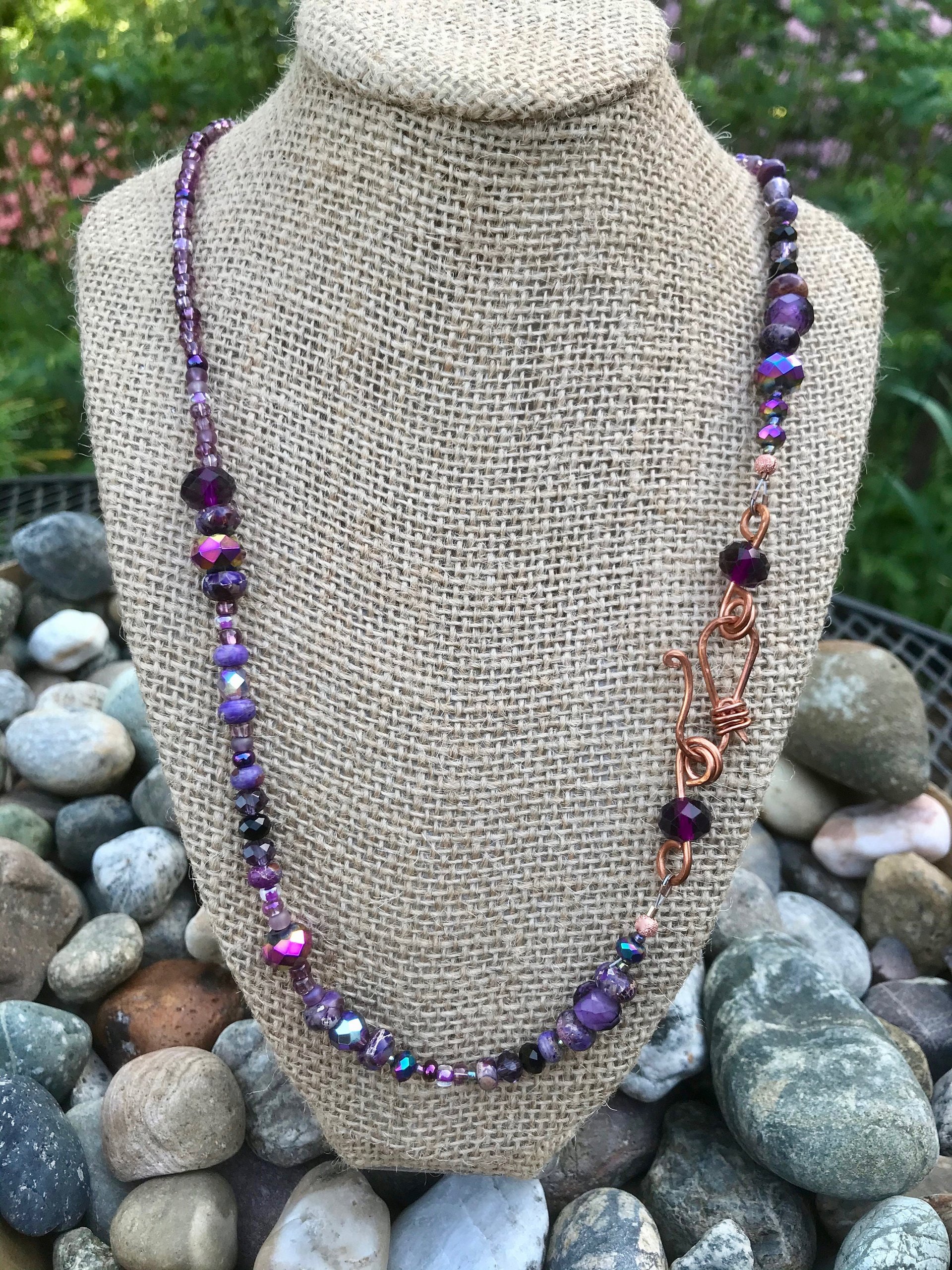 Imperial Jasper, Copper, Iridescent Glass Bead, Purple, Faceted Glass, Magenta, Handcrafted, Asymmetrical, Gift, Birthday Present, Hammered