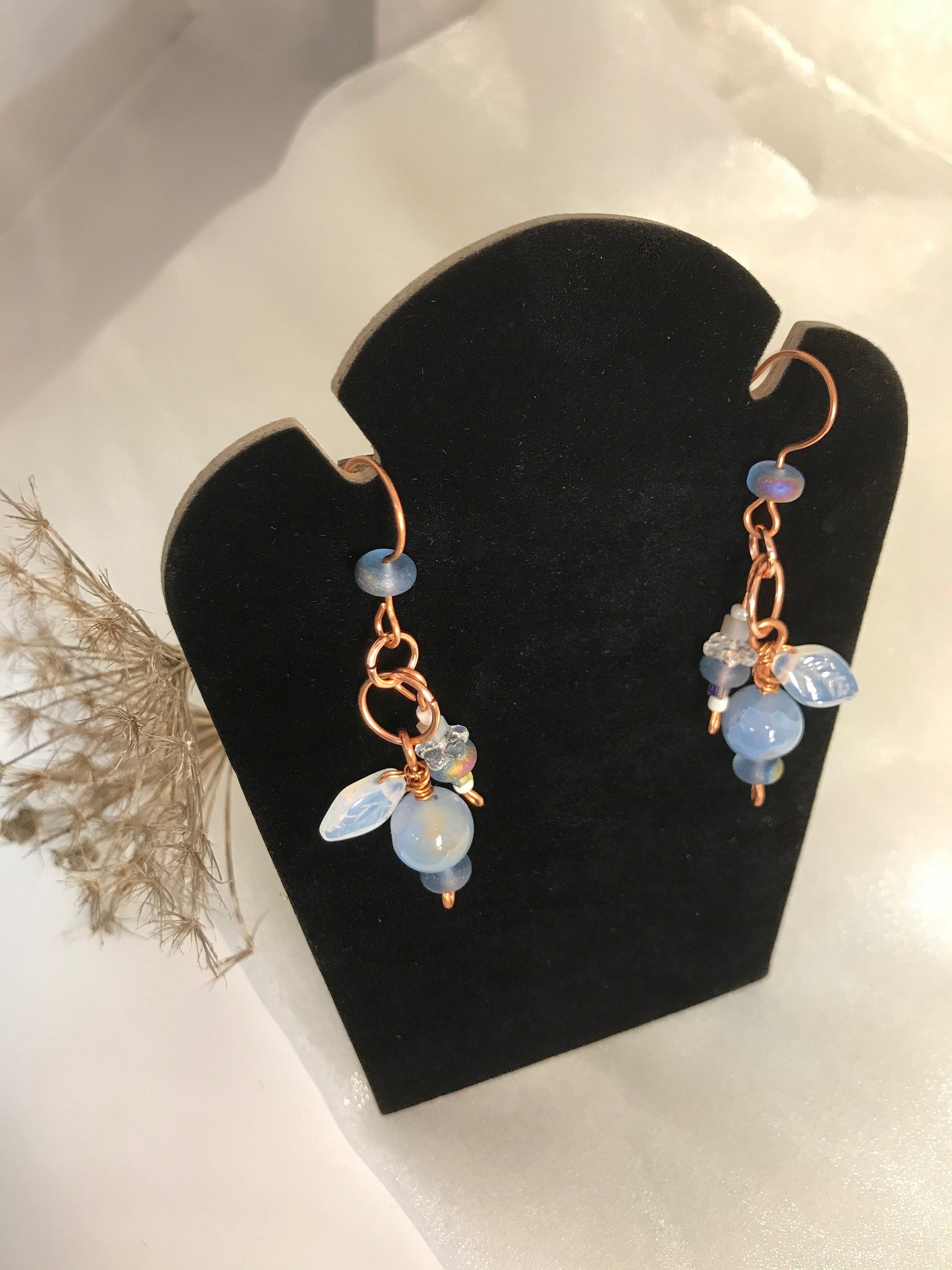 Crackle Fire Agate, Blue Shades, Copper French Hook, Faceted Glass, Pressed Glass Leaf, Beads, Gift, Dangle, Birthday Present, Unique, Fun