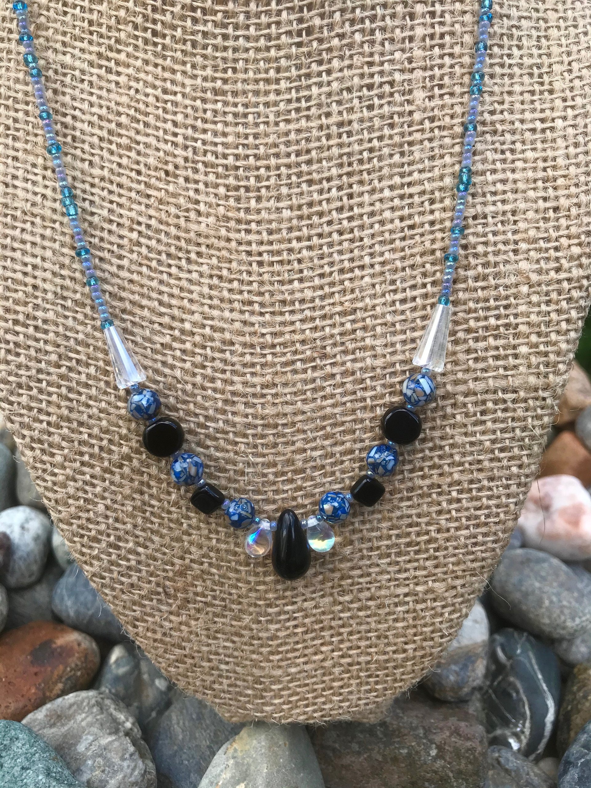 Crystal beads, Shell, Black Teardrop, Glass Teardrop, Black and Blues, Iridescent, Handmade, Gift, Birthday Present, Handcrafted, Necklace