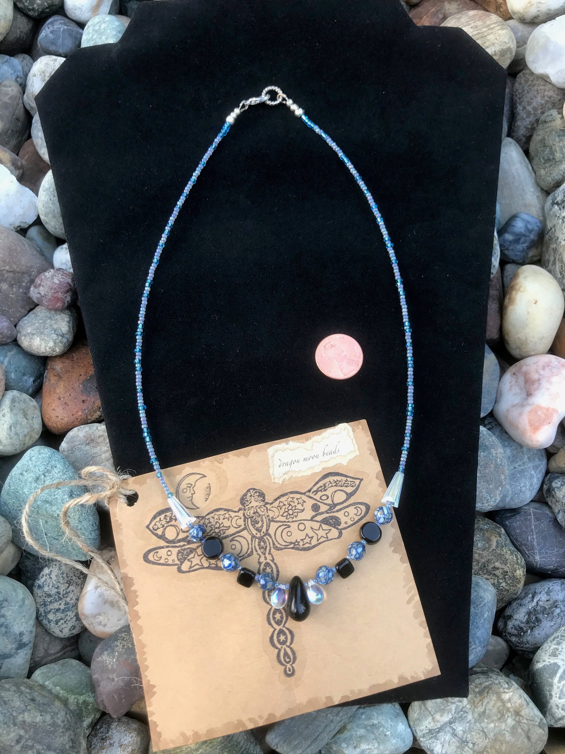 Crystal beads, Shell, Black Teardrop, Glass Teardrop, Black and Blues, Iridescent, Handmade, Gift, Birthday Present, Handcrafted, Necklace