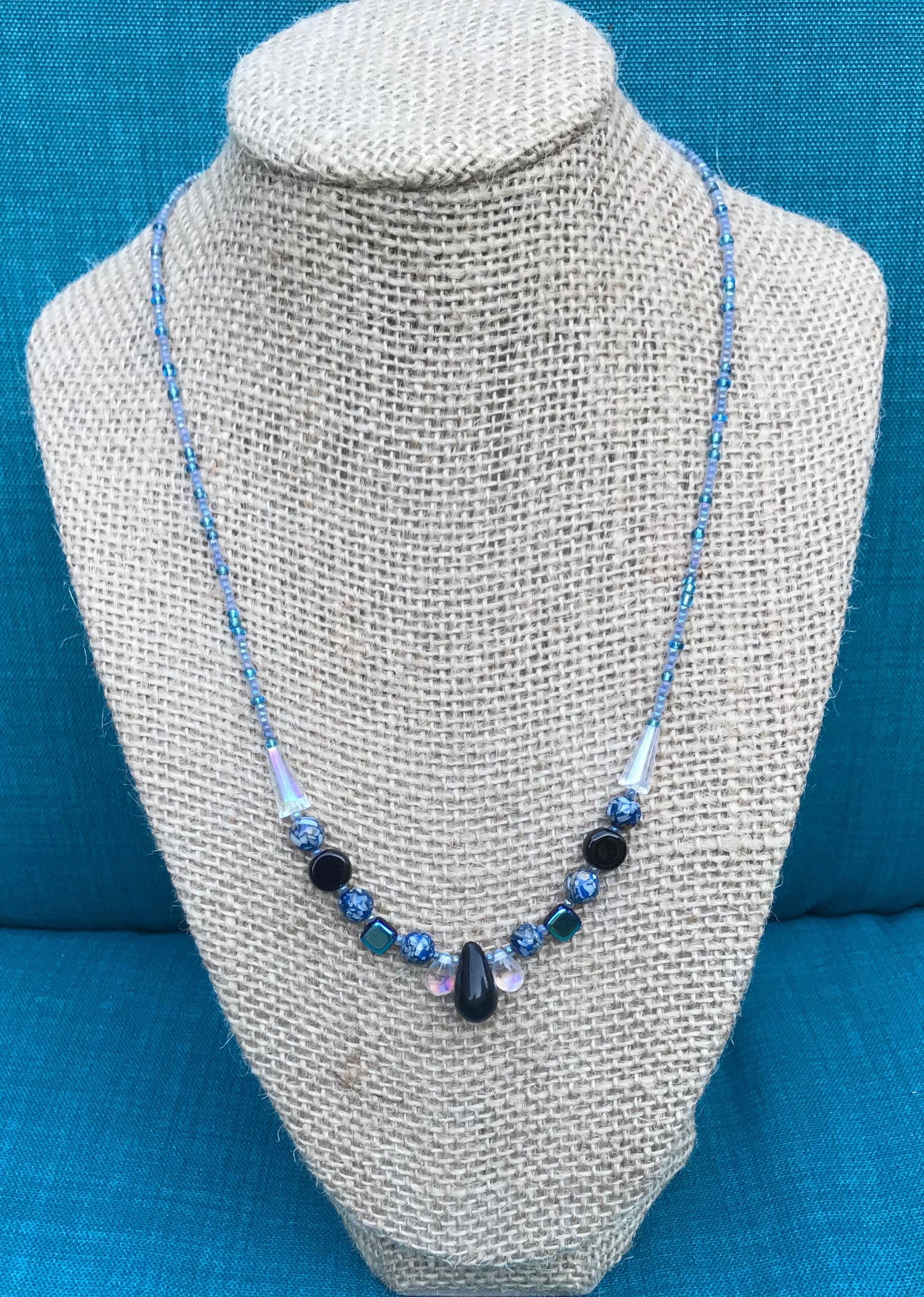 Crystal beads, Shell, Black Teardrop, Glass Teardrop, Black and Blues, Iridescent, Handmade, Gift, Birthday Present, Handcrafted, Necklace