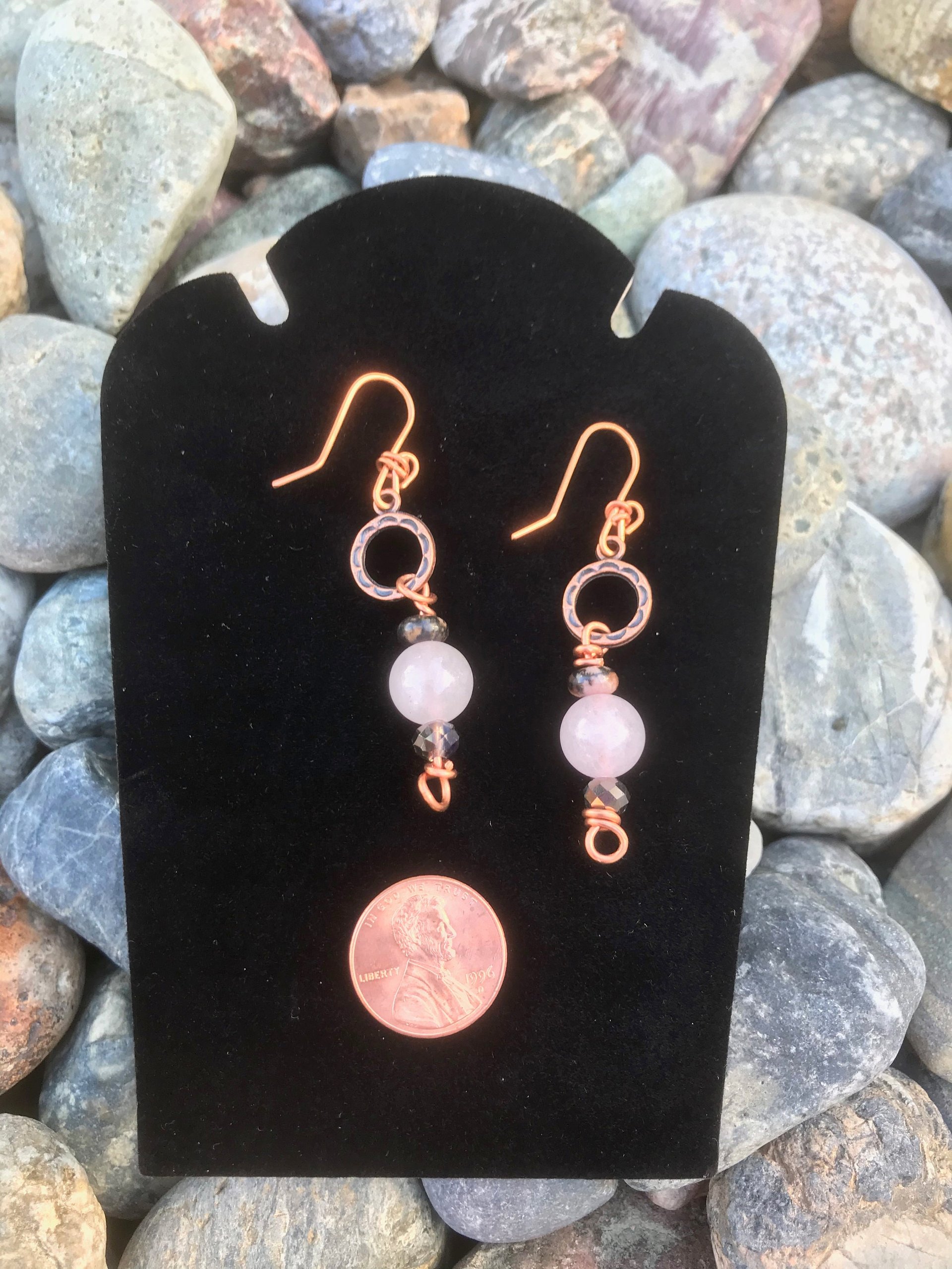 Rose Quartz, Rhodonite, Faceted Glass, Handmade, Copper French Ear Wire, Earrings, Pink, Dangle, Beads, Copper, Smokey Gray,
