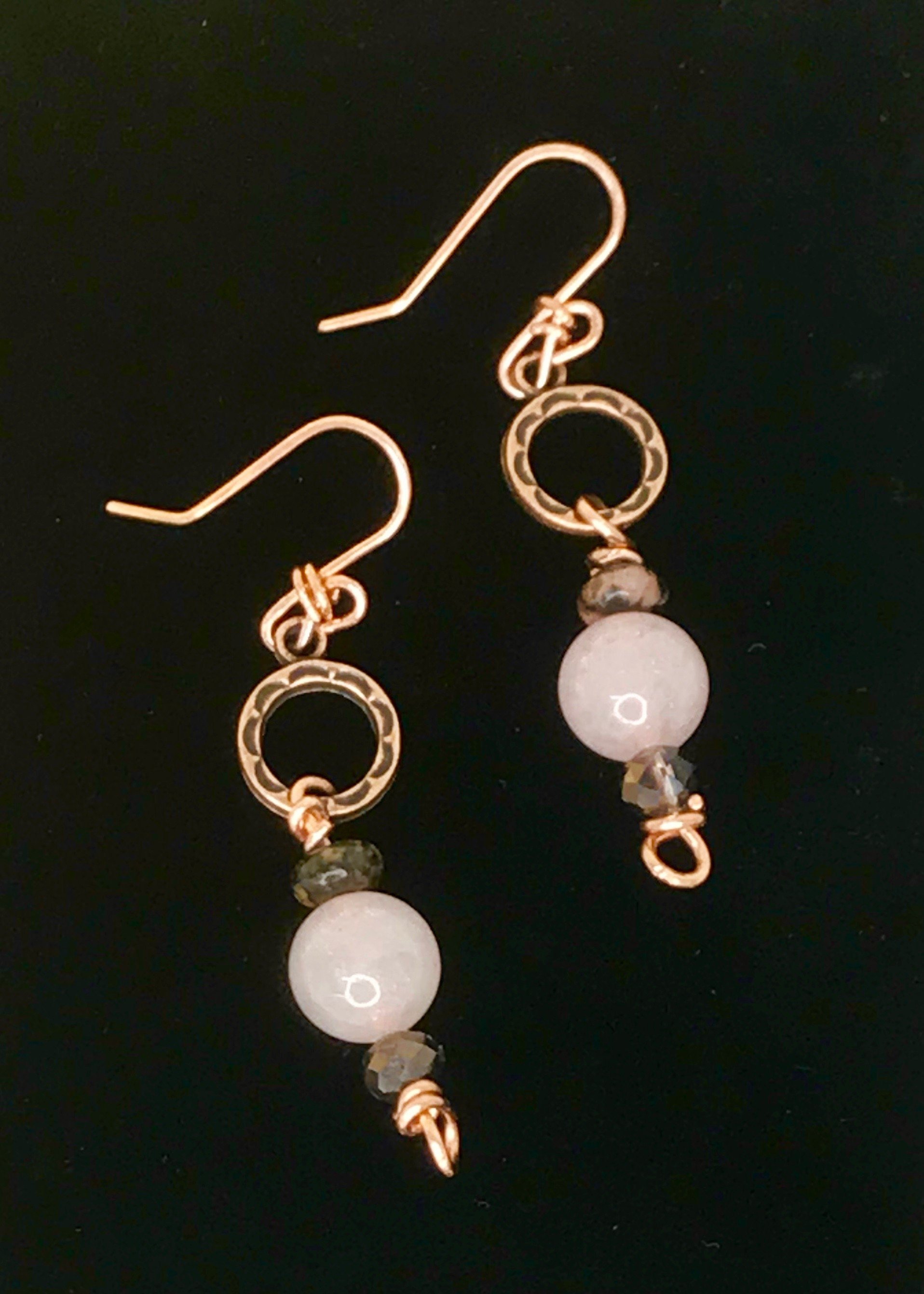 Rose Quartz, Rhodonite, Faceted Glass, Handmade, Copper French Ear Wire, Earrings, Pink, Dangle, Beads, Copper, Smokey Gray,