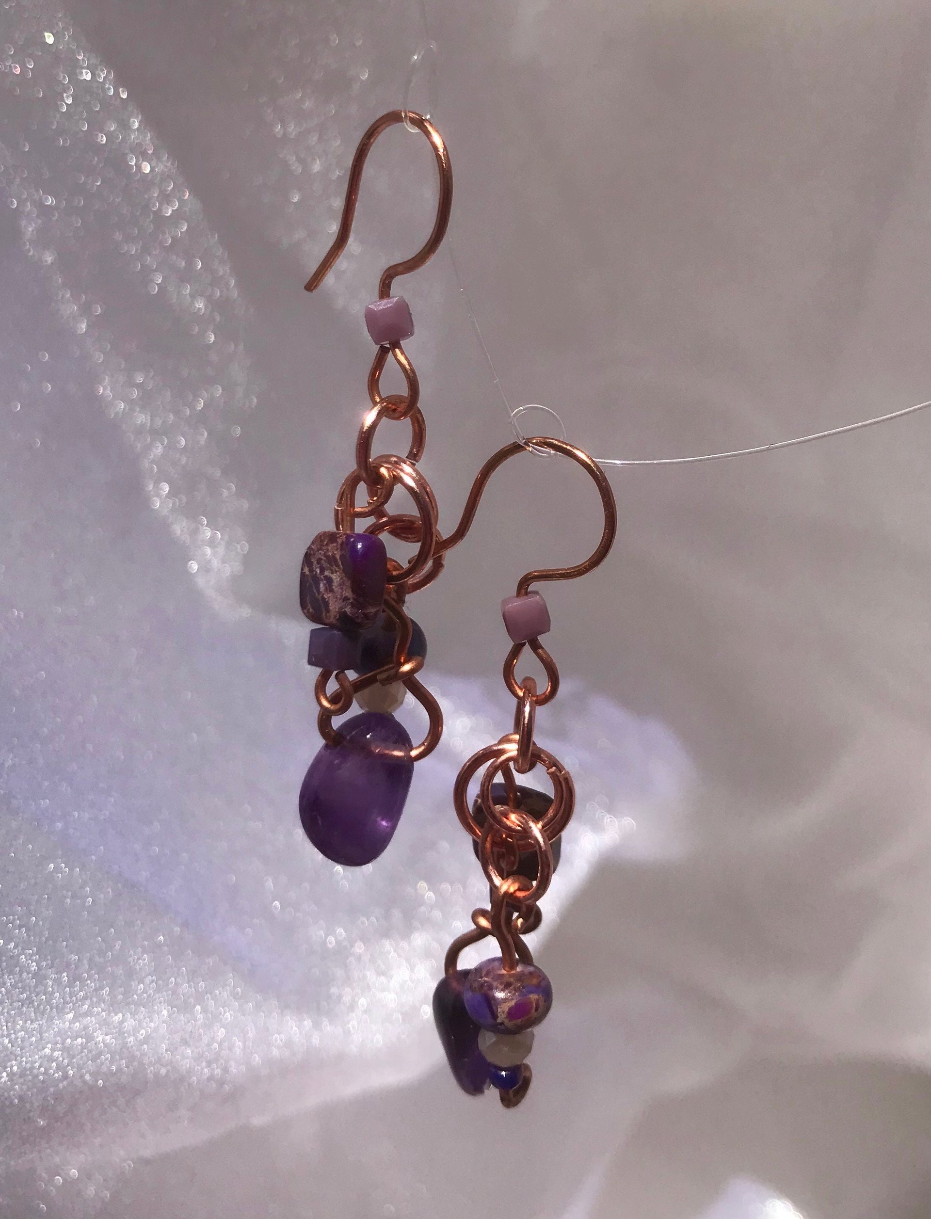 Amethyst, Jasper, Copper, Semi-precious stone, Purple, Handcrafted, French Wire, February Birthstone, Gift, Faceted Glass, Handmade, Bead