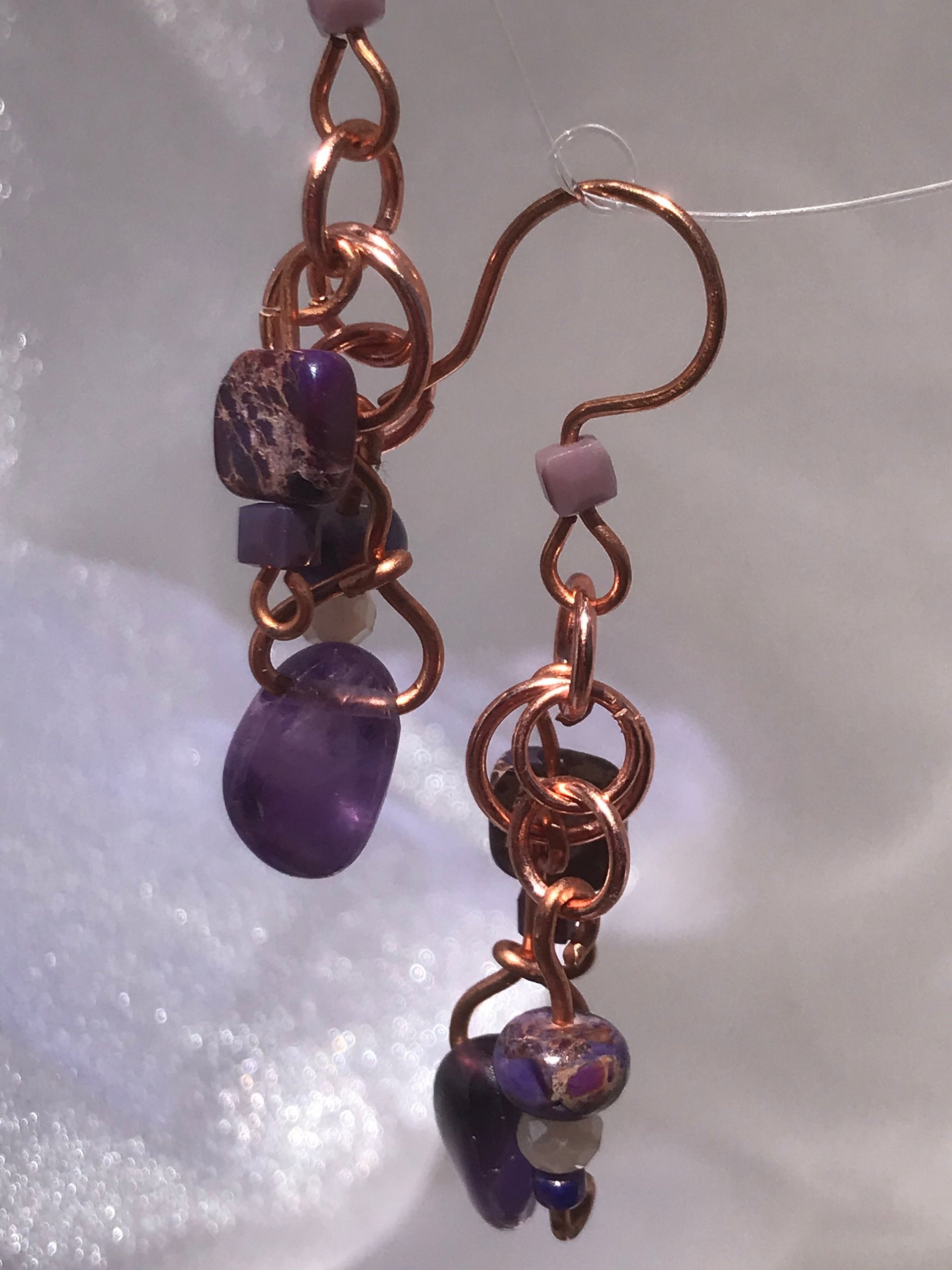Amethyst, Jasper, Copper, Semi-precious stone, Purple, Handcrafted, French Wire, February Birthstone, Gift, Faceted Glass, Handmade, Bead